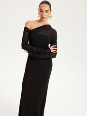 One-Shoulder Sheer Ruched Long Sleeve Maxi Dress