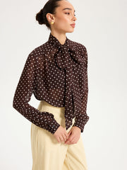 Semi-Sheer Polka Dot Chiffon Bow Blouse