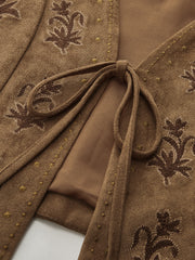 Suede Effect Embroidered Tie-Front Vest