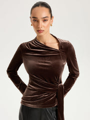 Long Sleeve Knot-Tie Velvet Asymmetric Top