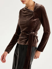 Long Sleeve Knot-Tie Velvet Asymmetric Top
