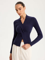 Twisted V-Neck Ribbed Knit Top