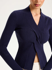 Twisted V-Neck Ribbed Knit Top