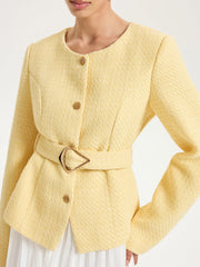 Tweed Belted Button-Front Blazer