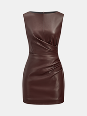 Faux Leather Waist Ruched Dress