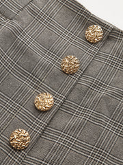 High-Waist Button Detail Plaid Wide-Leg Pants