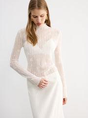 Wool Semi-Sheer Mock Neck Lace Top