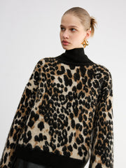Wool Blend Leopard Turtleneck Knit Top