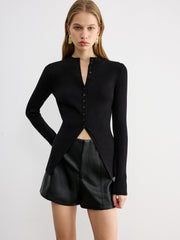 Button-Front Long-Sleeve Rib-Knit Top