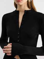 Button-Front Long-Sleeve Rib-Knit Top