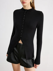 Button-Front Long-Sleeve Rib-Knit Top