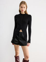 Button-Front Long-Sleeve Rib-Knit Top