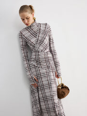 Checked Long-Sleeve Mock Neck Maxi Dress