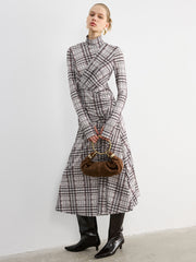 Checked Long-Sleeve Mock Neck Maxi Dress