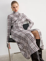 Checked Long-Sleeve Mock Neck Maxi Dress