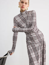 Checked Long-Sleeve Mock Neck Maxi Dress