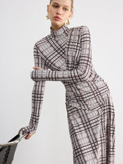 Checked Long-Sleeve Mock Neck Maxi Dress