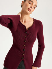 Button-Front Ribbed Knit Top