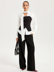 2 in 1 Contrast Panel Tie-Neck Blouse