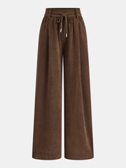 Mid-Waist Corduroy Wide-Leg Drawstring Pants