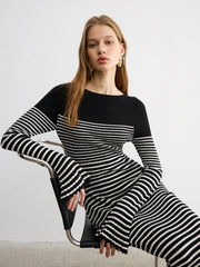 Flared Sleeve Color-Block Striped Knit Maxi Dress