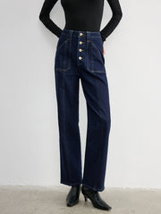 Button Placket High-Waist Straight-Leg Jeans