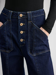 Button Placket High-Waist Straight-Leg Jeans