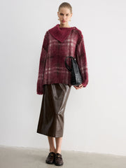 Wool Blend Plaid Asymmetric Collar Buttoned Sweater