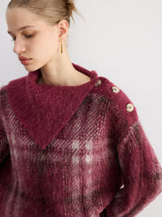 Wool Blend Plaid Asymmetric Collar Buttoned Sweater
