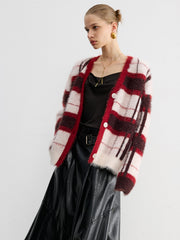 Knit Fluffy Checkered Cardigan