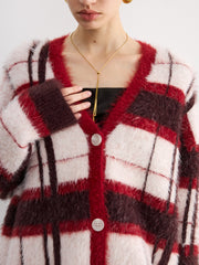 Knit Fluffy Checkered Cardigan
