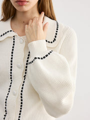 Back Bow Contrast Trim Collared Cardigan