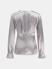 Long Sleeve V-Neck Knot Front Satin Blouse