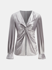 Long Sleeve V-Neck Knot Front Satin Blouse