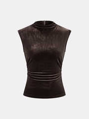 Mock Neck Ruched Velvet Sleeveless Top