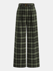 Belted Plaid Straight-Leg Pants
