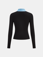 Faux Leather Collar Long-Sleeve Knit Top
