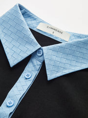 Faux Leather Collar Long-Sleeve Knit Top