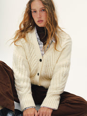 Wool Blend Cable Knit V-Neck Button Cardigan