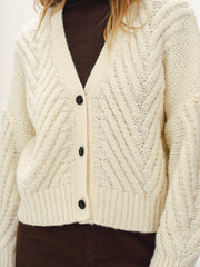 Wool Blend Cable Knit V-Neck Button Cardigan