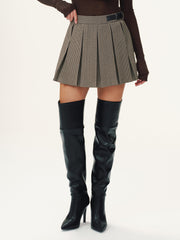 Belt-Decor Pleated Houndstooth Mini Skirt
