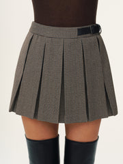 Belt-Decor Pleated Houndstooth Mini Skirt
