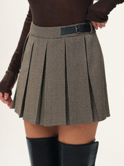 Belt-Decor Pleated Houndstooth Mini Skirt