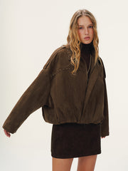 Vintage Suede Effect Studded Bomber Jacket