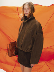 Vintage Suede Effect Studded Bomber Jacket