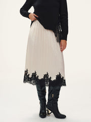 Lace Hem Pleated Midi Skirt