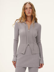 Hooded Ribbed Zip Cardigan