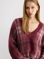 Plaid V-Neck Wool-Blend Sweater