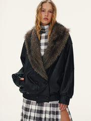 Detachable Faux Fur Collar Faux Leather Jacket