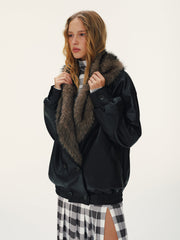 Detachable Faux Fur Collar Faux Leather Jacket